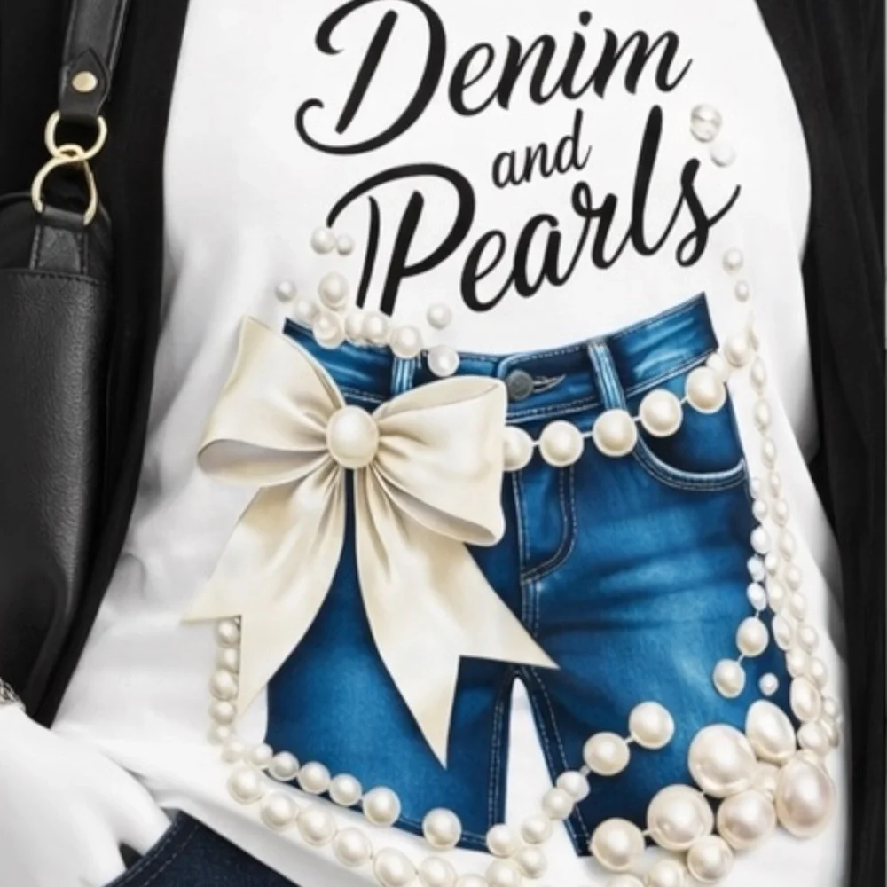 New “Denim and Pearls@ Graphic Tee - White - Picture 3 of 13